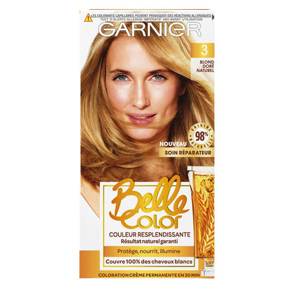 Coloration Permanente 3 Blond Doré Naturel Couvre 100% Cheveux Blancs Belle Color GARNIER