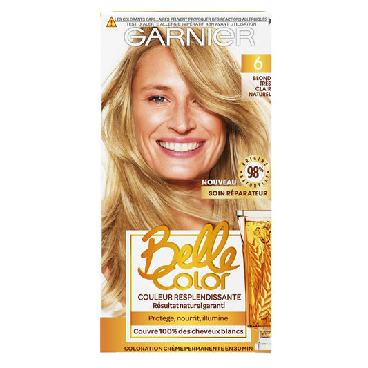 Coloration Permanente 6 Blond Très Clair Naturel Couvre 100% Cheveux Blancs Belle Color GARNIER la boîte