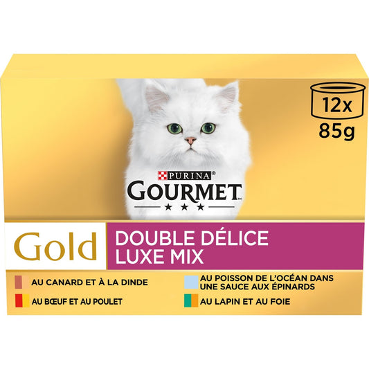 Pâtée pour Chat Adulte Double Délice Bouchée en Sauce Boeuf Poulet Canard Dinde Poisson Epinard Lapin Foie Gold GOURMET Les 12 boîtes de 85g