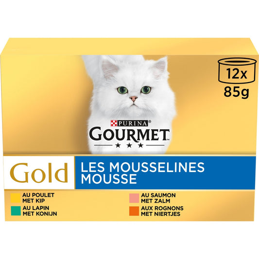 Pâtée pour Chat Adulte en Mousse Poulet Lapin Saumon Rognons Gold GOURMET Les 12 boîtes de 85g