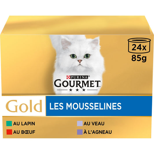 Pâtée pour Chat Adulte Mousselines en Mousse Agneau Boeuf Lapin Veau Gold GOURMET Les 24 boîtes de 85g