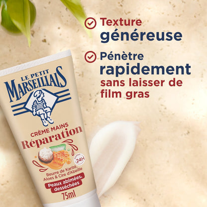 Crème Main Sèches à Très Sèches Karité Aloe Vera et Cire d'Abeille Réparation LE PETIT MARSEILLAIS