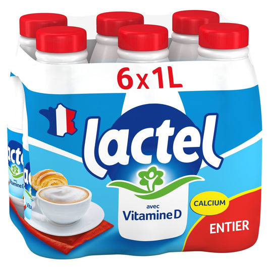 Lait Entier UHT Vitamine D LACTEL le pack de 6 bouteilles de 1L