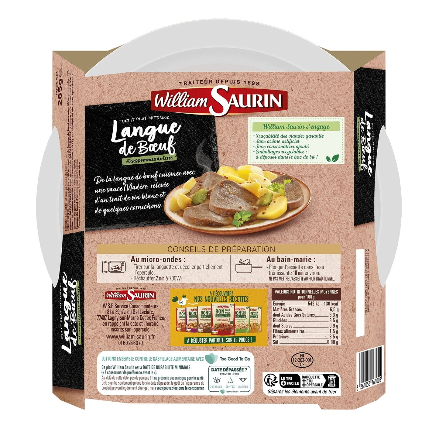 [ANTI-GASPILLAGE] Plat Cuisiné Langue de Bœuf et Ses Pommes de Terre WILLIAM SAURIN - Date de durabilité minimale : 14/12/2025