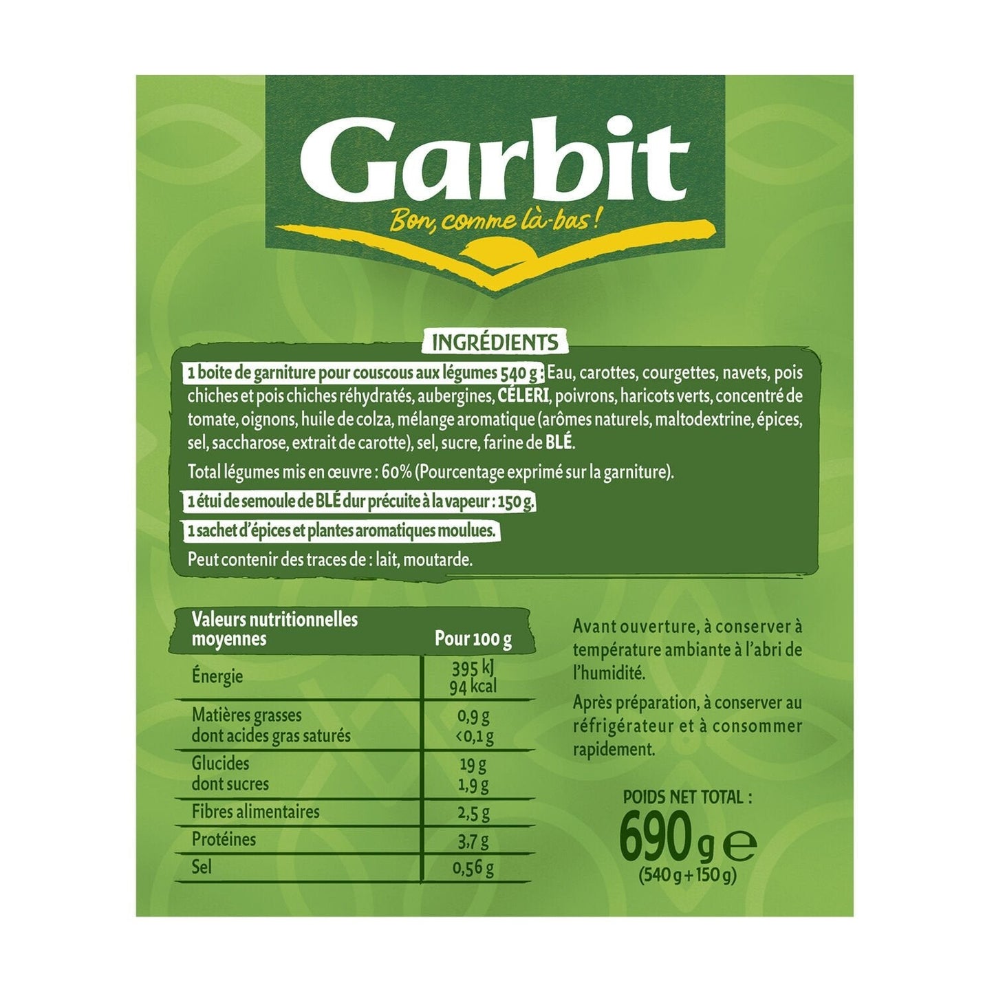 [ANTI-GASPILLAGE] Plat Familial Couscous aux 9 Légumes GARBIT - Date de durabilité minimale : 06/09/2025