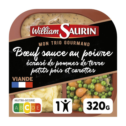 Plat Cuisiné Bœuf Sauce au Poivre Écrasé de Pommes de Terre, Petits Pois et Carottes WILLIAM SAURIN la barquette de 320g