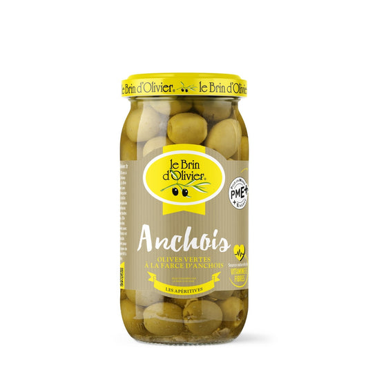 Olives Vertes Farce Anchois LE BRIN D'OLIVIER le pot de 200g