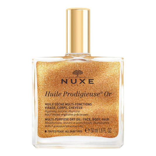 Huile Sèche Visage Corps Cheveux Pailletée Or, Nourrissante, Adoucissante et Illuminatrice NUXE le flacon de 50mL