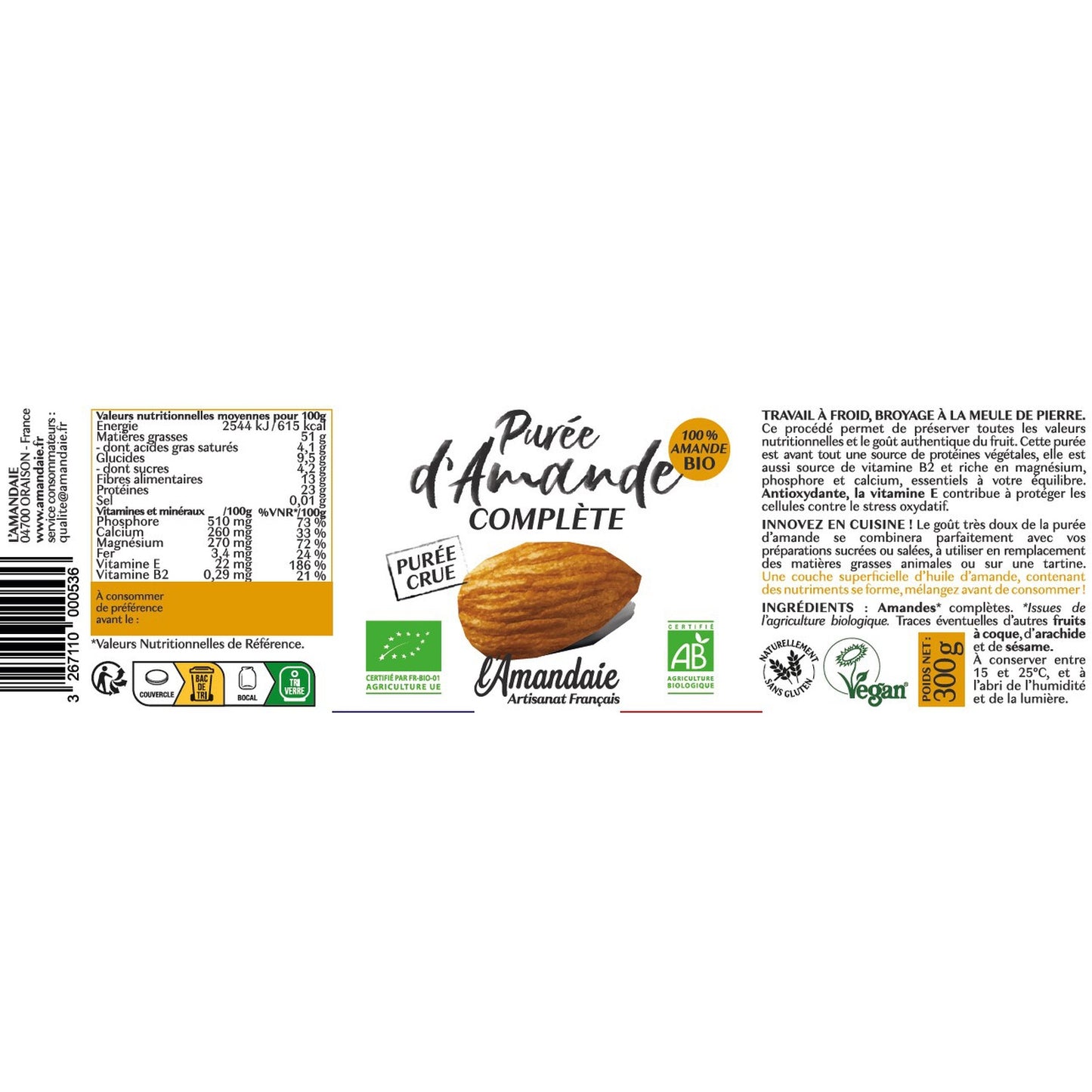 Organic Raw Whole Almond Puree Spread L'AMANDAIE