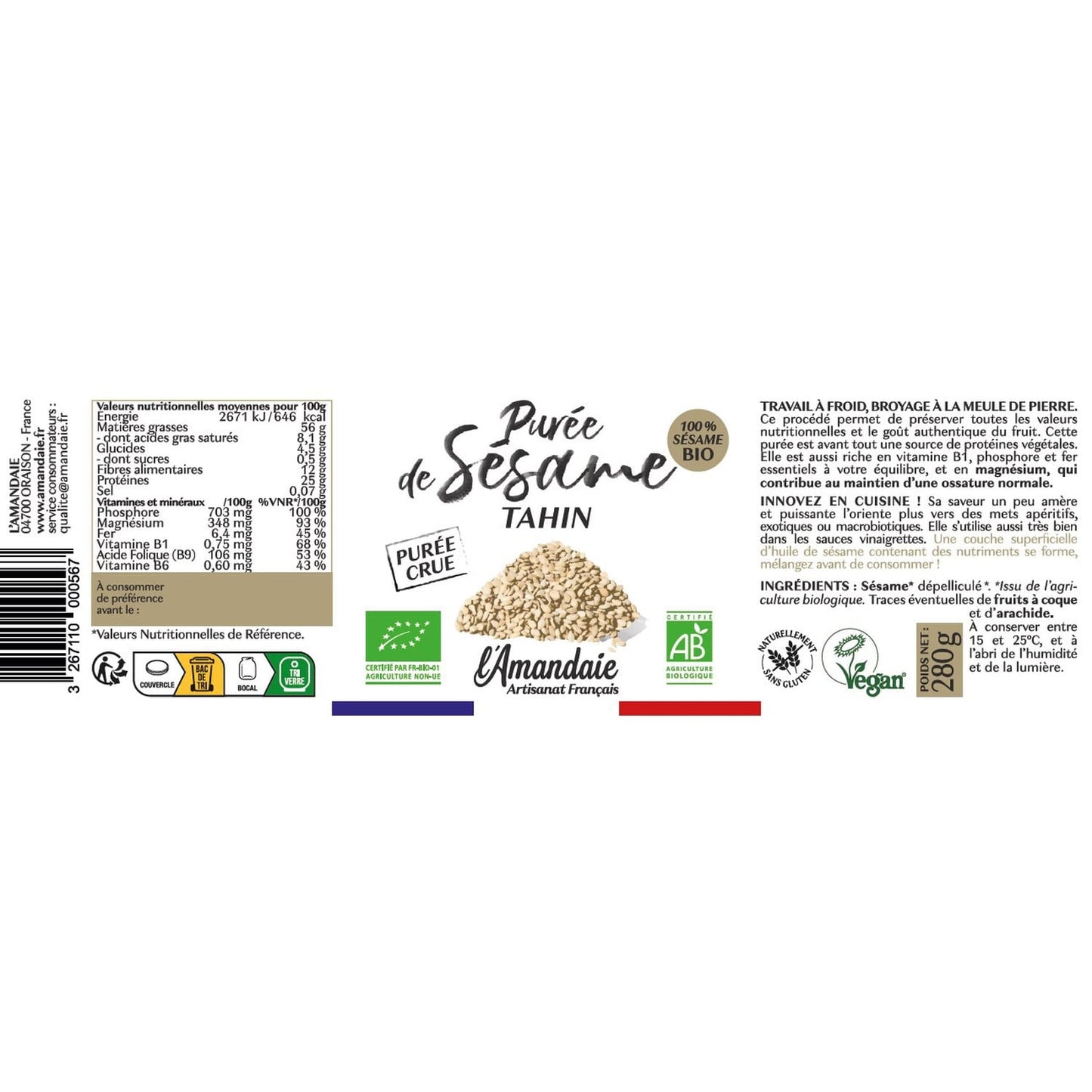 Pâte à Tartiner Purée de sésame tahin crue BIO L'AMANDAIE 