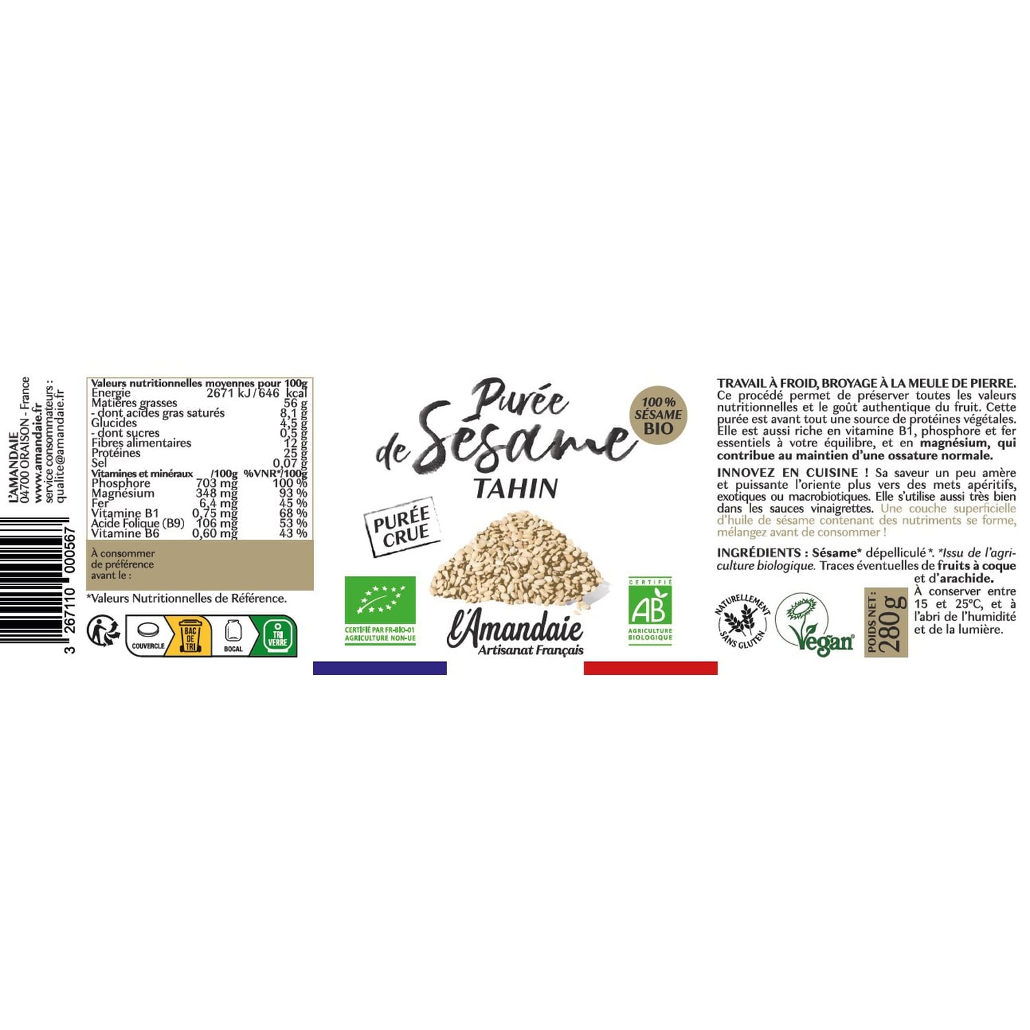 Pâte à Tartiner Purée de sésame tahin crue BIO L'AMANDAIE 