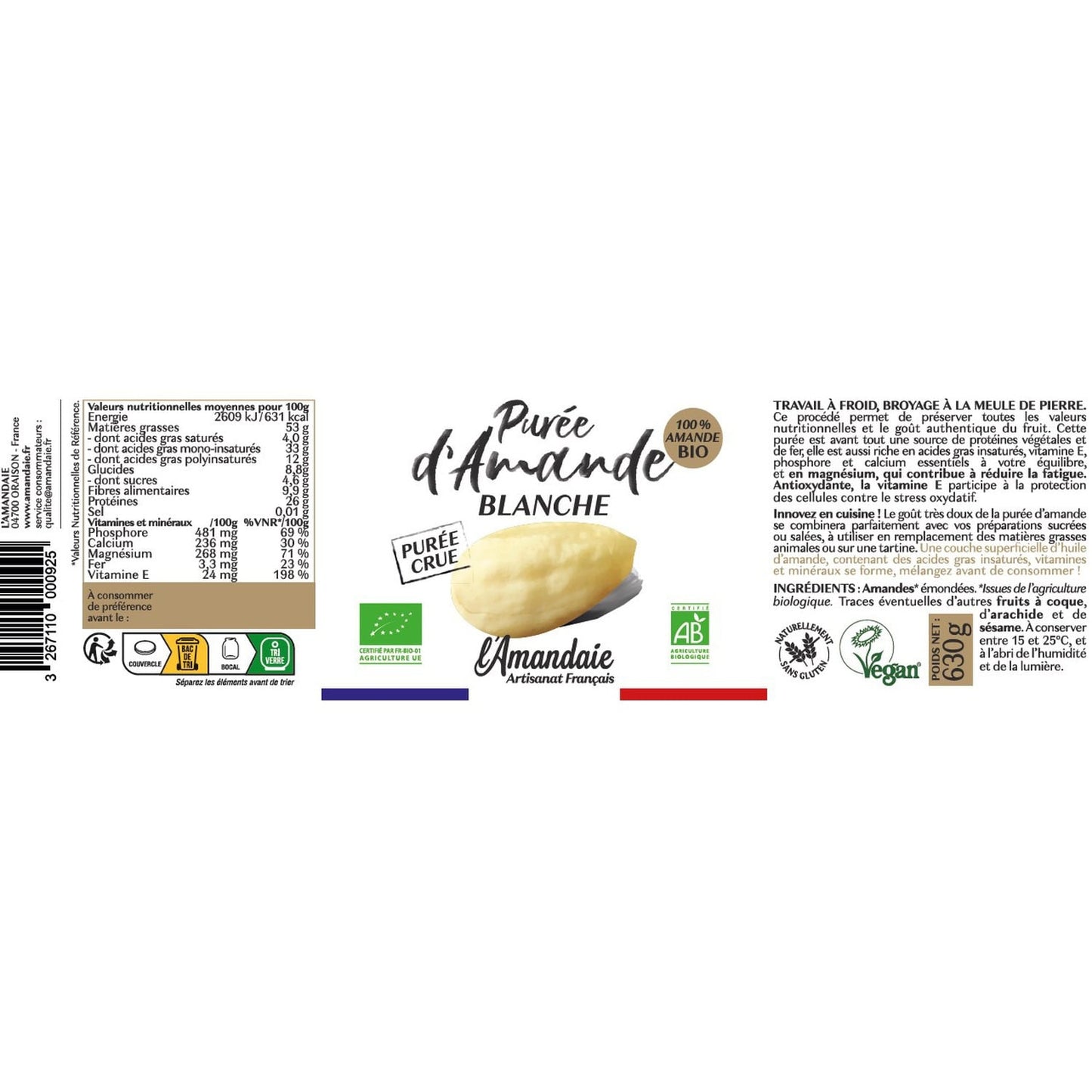 Pâte à Tartiner Purée d'amande blanche crue BIO L'AMANDAIE 
