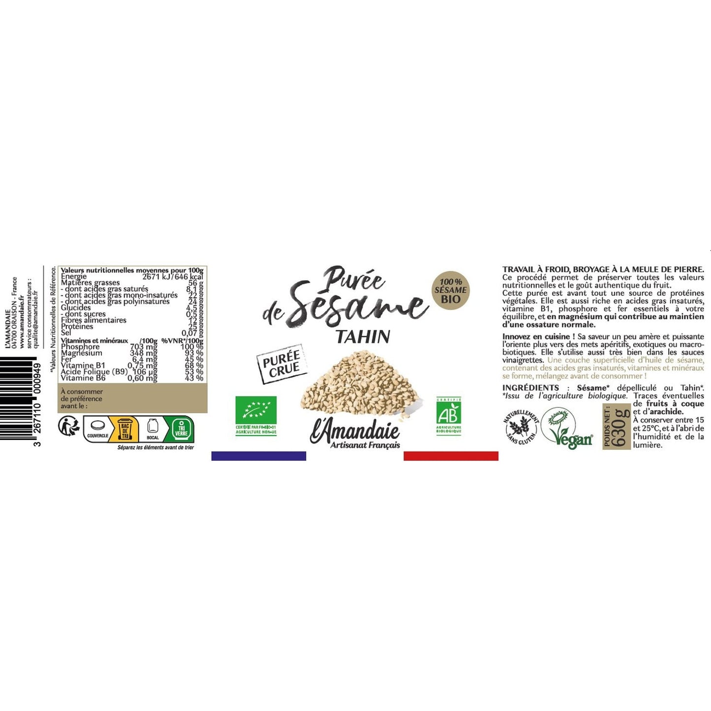 Pâte à Tartiner Purée de sésame tahin crue BIO L'AMANDAIE 