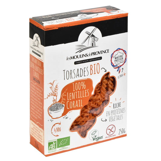 Pâtes Torsades Colorées Lentilles Corail Bio Sans Gluten LES MOULINS DE PROVENCE le sachet de 250g