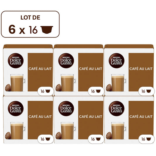 Café au Lait Capsules Intensité 7 Compatible Dolce Gusto NESCAFE le lot de 6 boites de 16 capsules