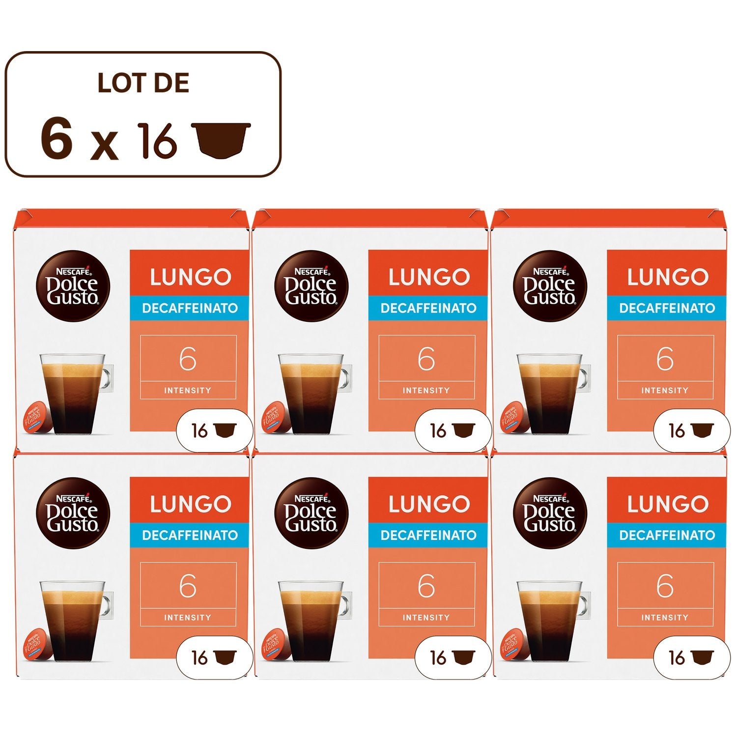 Café Capsules Décaféiné Intensité 6 Compatible Dolce Gusto NESCAFE le lot de 6 boites de 16 capsules