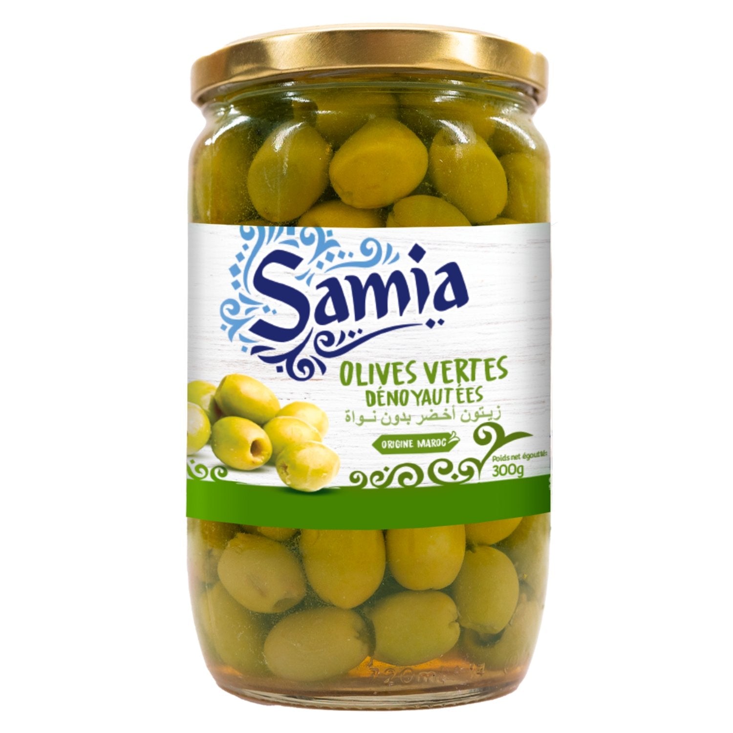 Olives Vertes Dénoyautées SAMIA le bocal de 300 g net égoutté