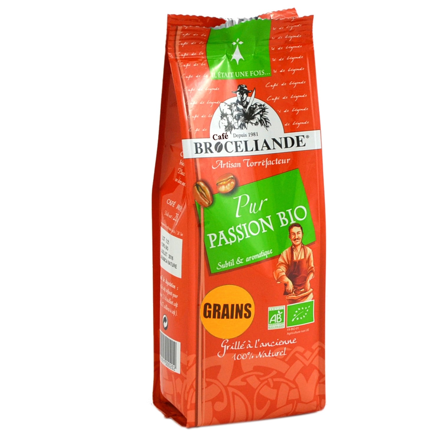 Café en Grains Pur Passion Grillé à l'Ancienne Subtil et Aromatique Bio BROCELIANDE 
