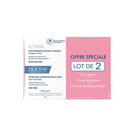 Savon Solide Surgras Dermatologique Peau Sèche Ictyane DUCRAY le lot de 2 savons de 100g