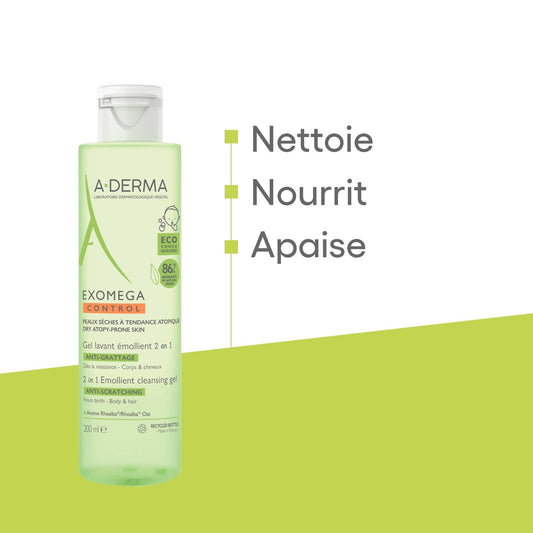 Baby and Child Shower Gel for Dry Skin with Atopic Eczema Prone Skin for Body and Hair Emollient Anti-Itch Exomega Control A-DERMA