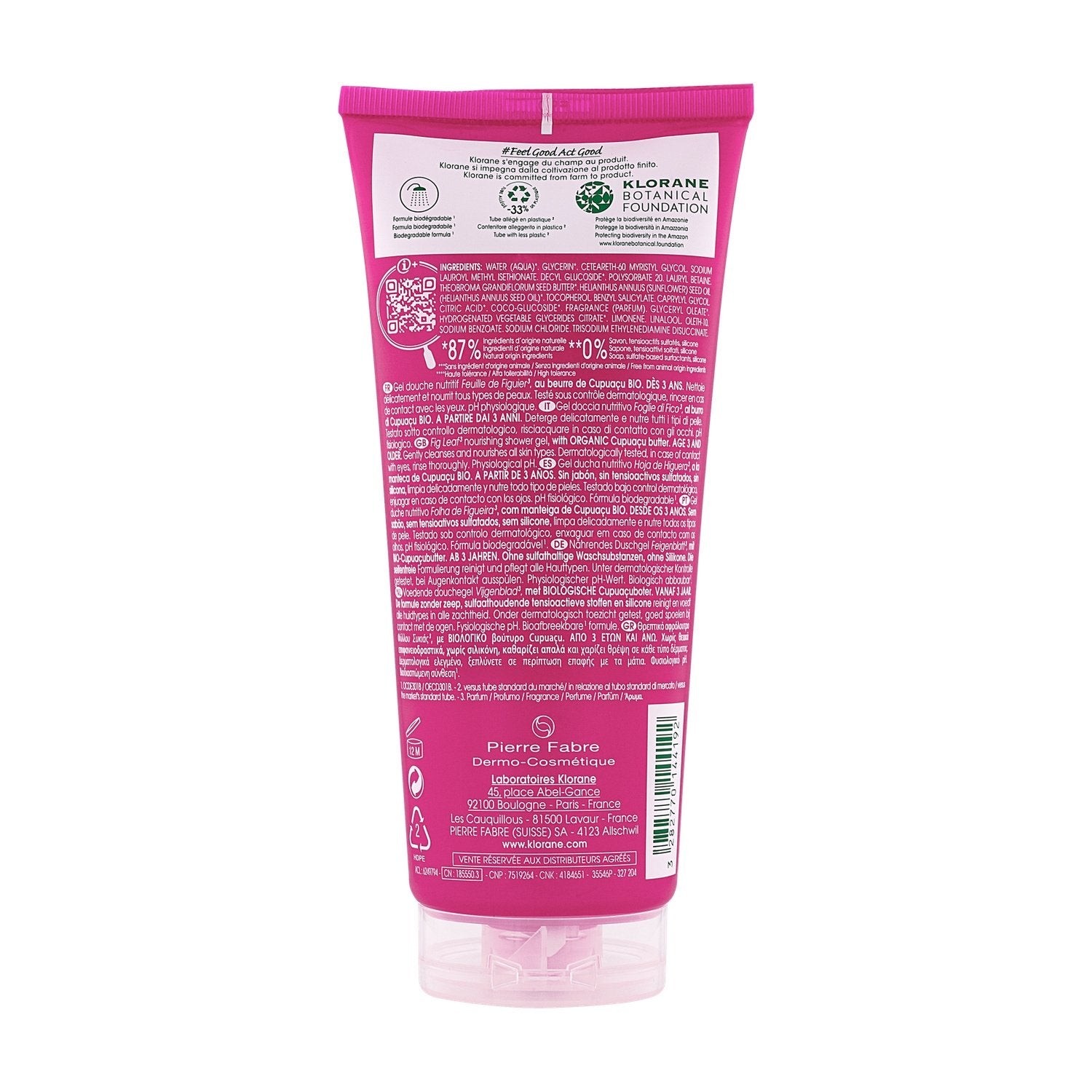 Gel Douche Nutritif au Beurre de Cupuaçu Feuille de Figuier Vegan Bio KLORANE le flacon de 200mL
