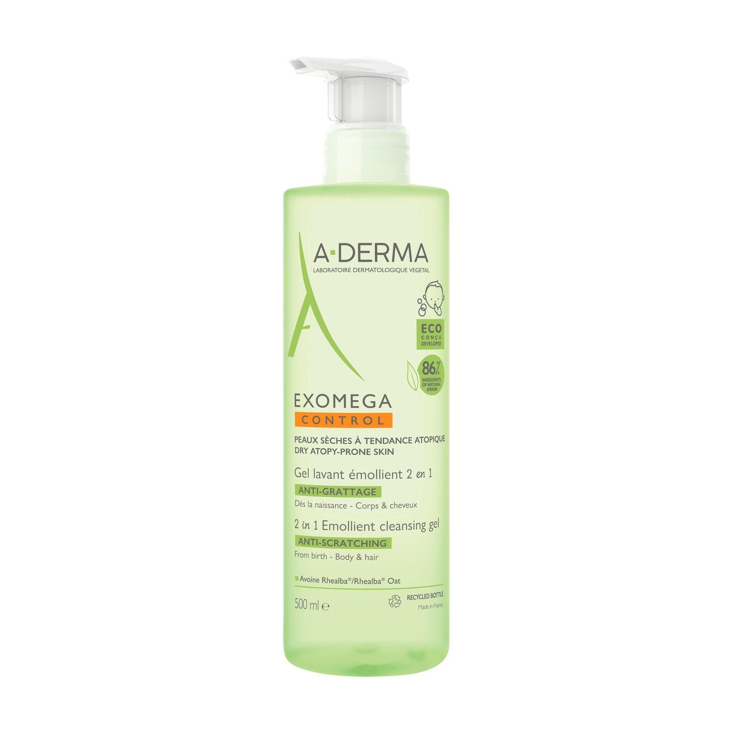Gel Douche Enfant Corps et Cheveux Peaux Sèches à Tendance à l'Eczéma Atopique Emollient 2 en 1 A-DERMA le flacon de 500mL