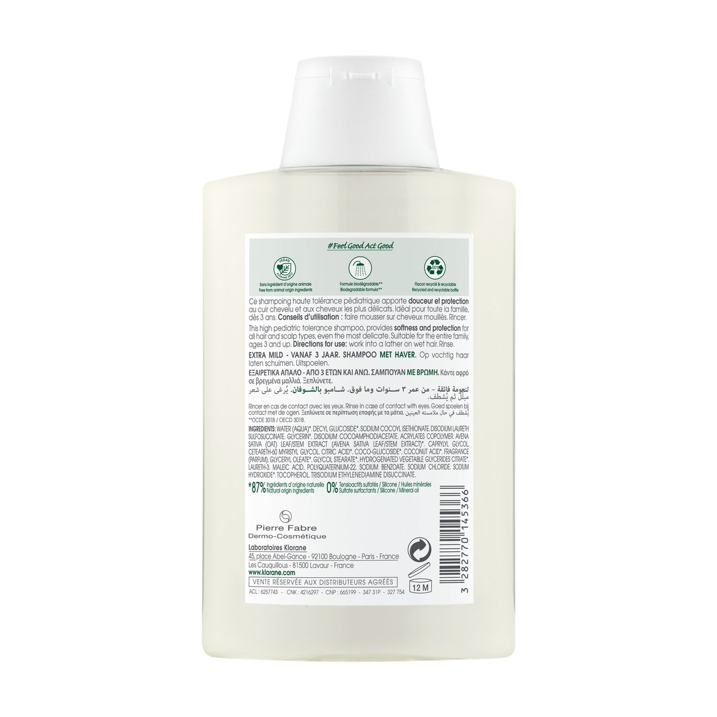 Shampoing Extra Doux Cheveux de Toute la Famille à l'Avoine Bio KLORANE 