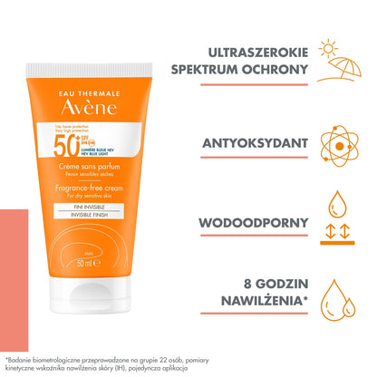 Crème solaire Visage Peau Sensible Sèche Très Haute Protection Spf 50+ Sans Parfum Fini Invisible EAU THERMALE AVENE 