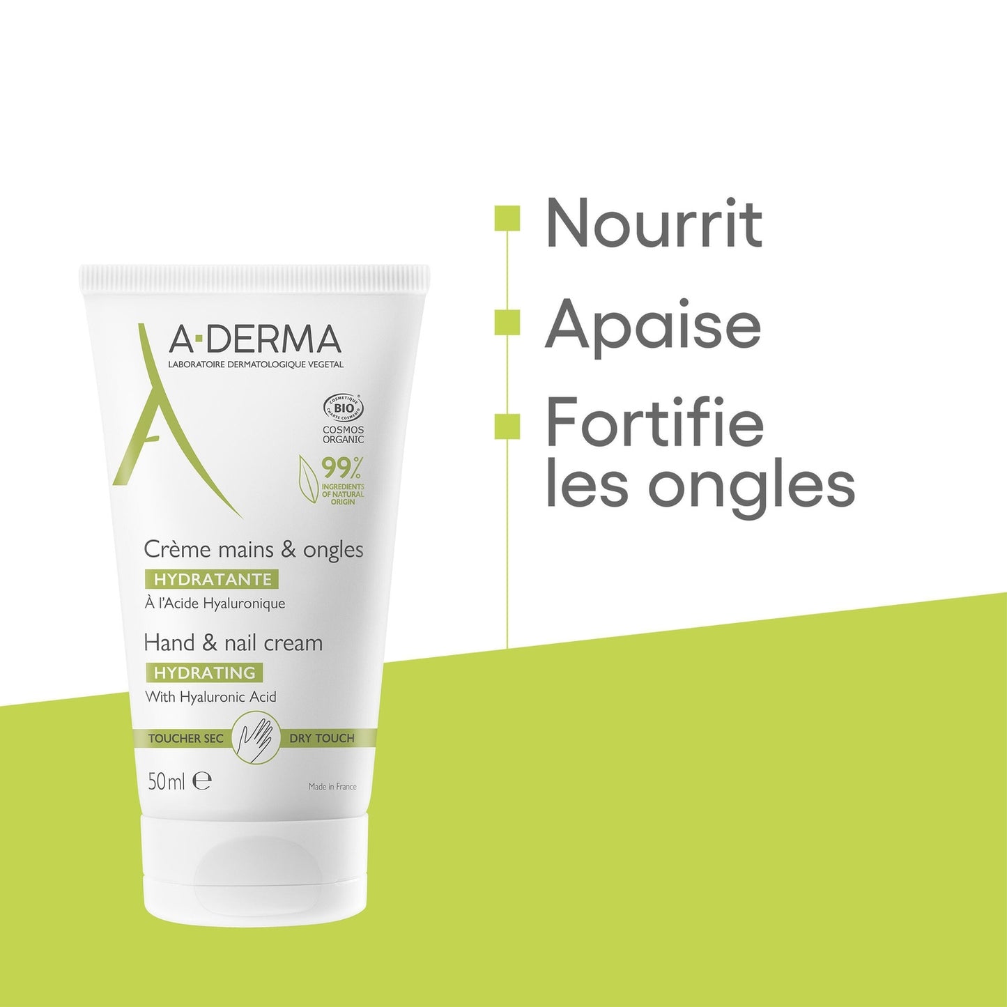 Crème Mains et Ongles Hydrate et Répare à l'Acide Hyaluronique Bio A-DERMA 