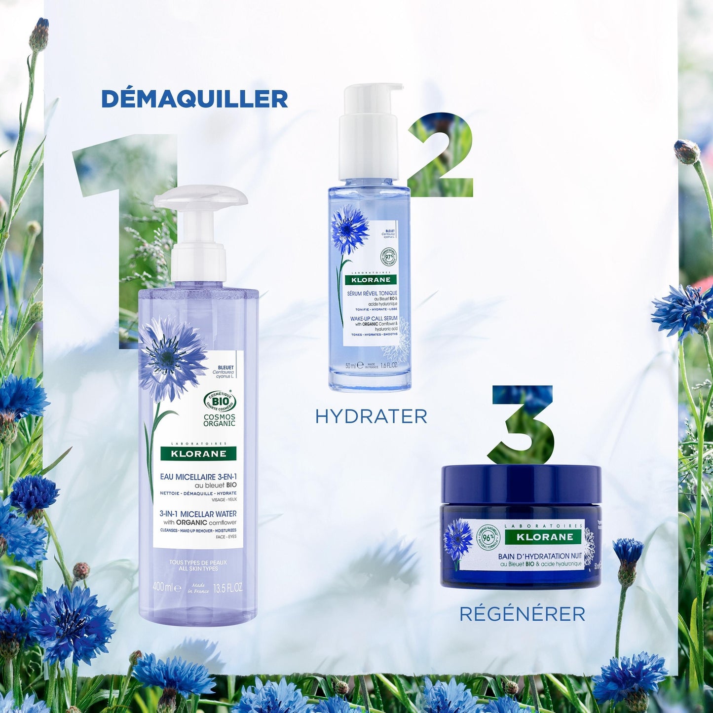 Démaquillant Visage Yeux Lèvres Peau Sensible 3en1 Nettoyante Démaquillante Hydratante au Bleuet Bio KLORANE 