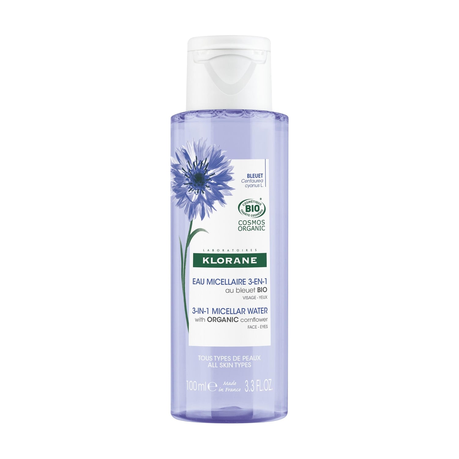Démaquillant Visage Yeux Lèvres Peau Sensible 3en1 Nettoyante Démaquillante Hydratante au Bleuet Bio KLORANE 