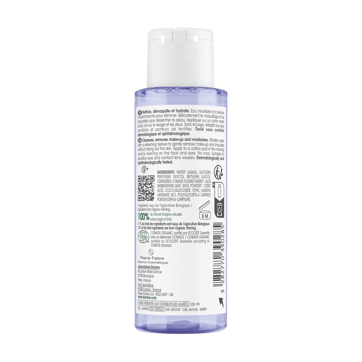 Démaquillant Visage Yeux Lèvres Peau Sensible 3en1 Nettoyante Démaquillante Hydratante au Bleuet Bio KLORANE 