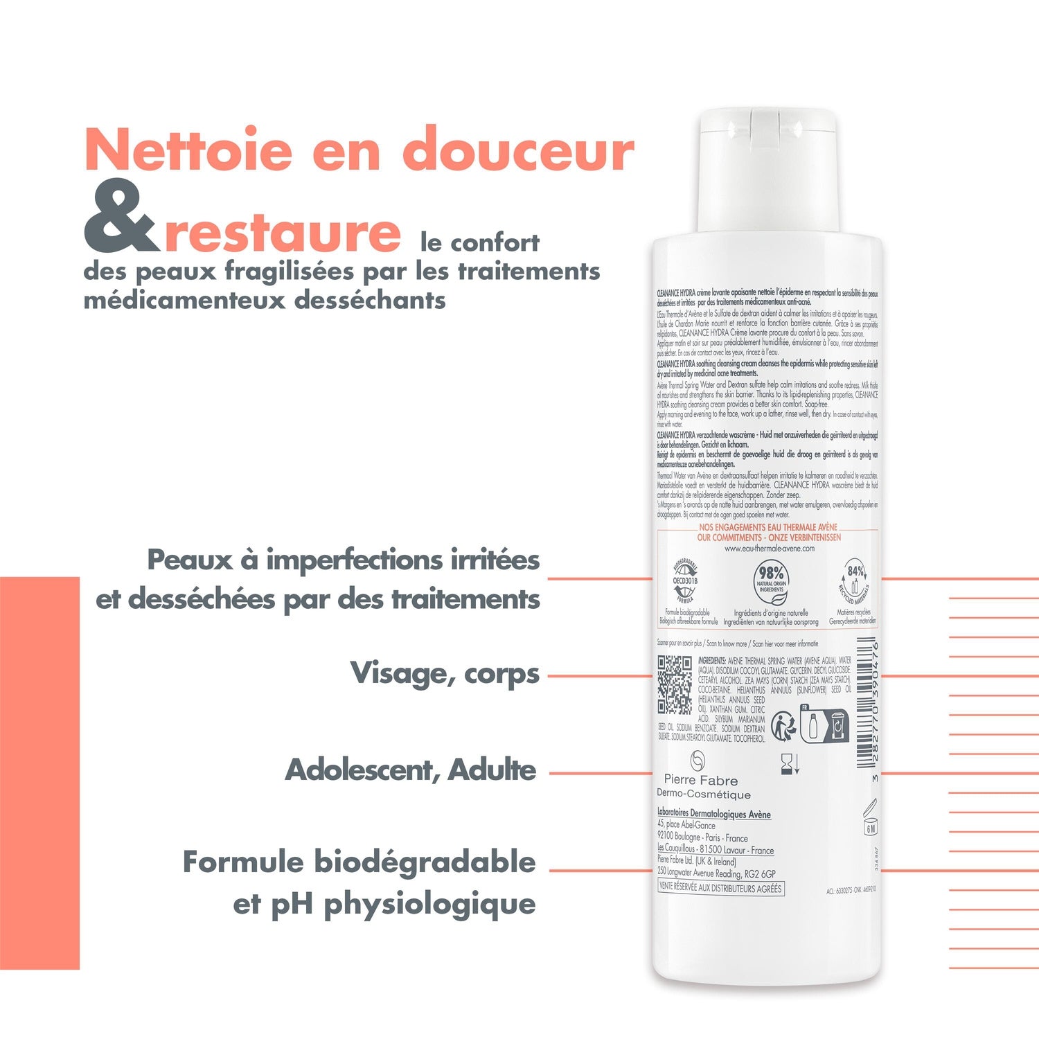 Crème Visage Peaux Sensibles Desséchées et Irritées Nettoyante Apaisante Cleanance Hydra EAU THERMALE AVENE 