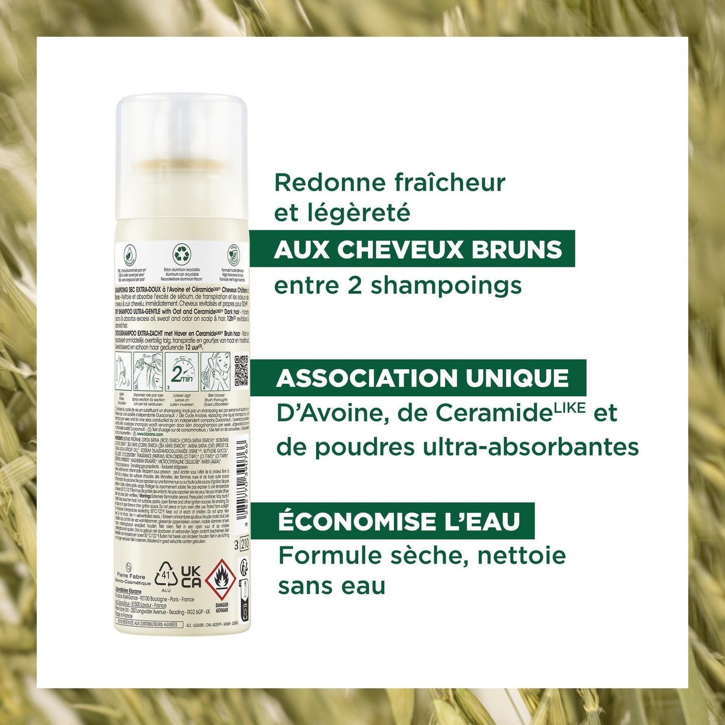 Shampoing Sec Cheveux Bruns Teinté Extra Doux à l'Avoine et Céramide KLORANE