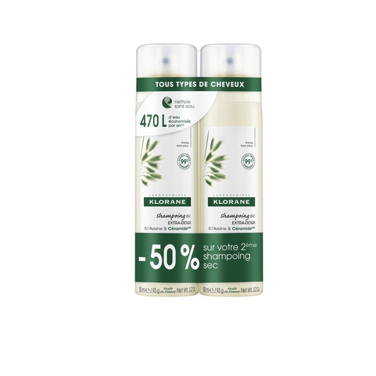 Shampoing Sec Cheveux Normaux à Tous Types de Cheveux à l'Avoine et Céramide KLORANE le lot de 2 sprays de 150mL