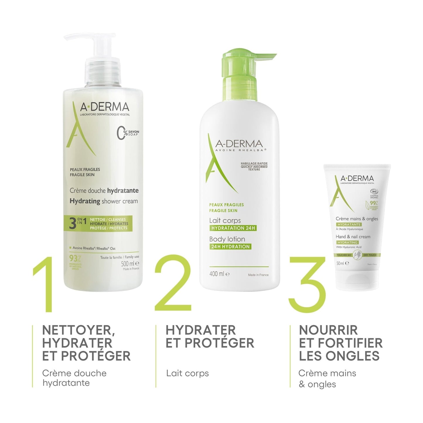 Crème de douche Visage Corps Cheveux Peaux Fragiles Hydratante 3 en 1 A-DERMA 