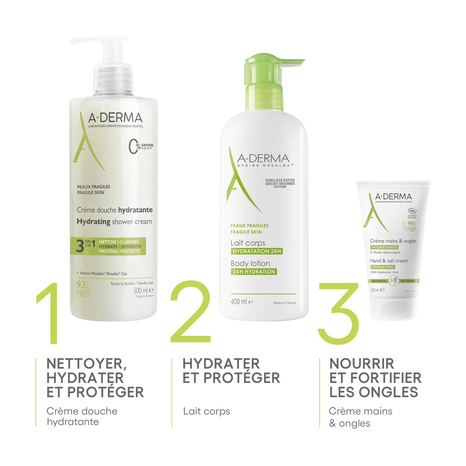 Crème de douche Visage Corps Cheveux Peaux Fragiles Hydratante 3 en 1 A-DERMA 