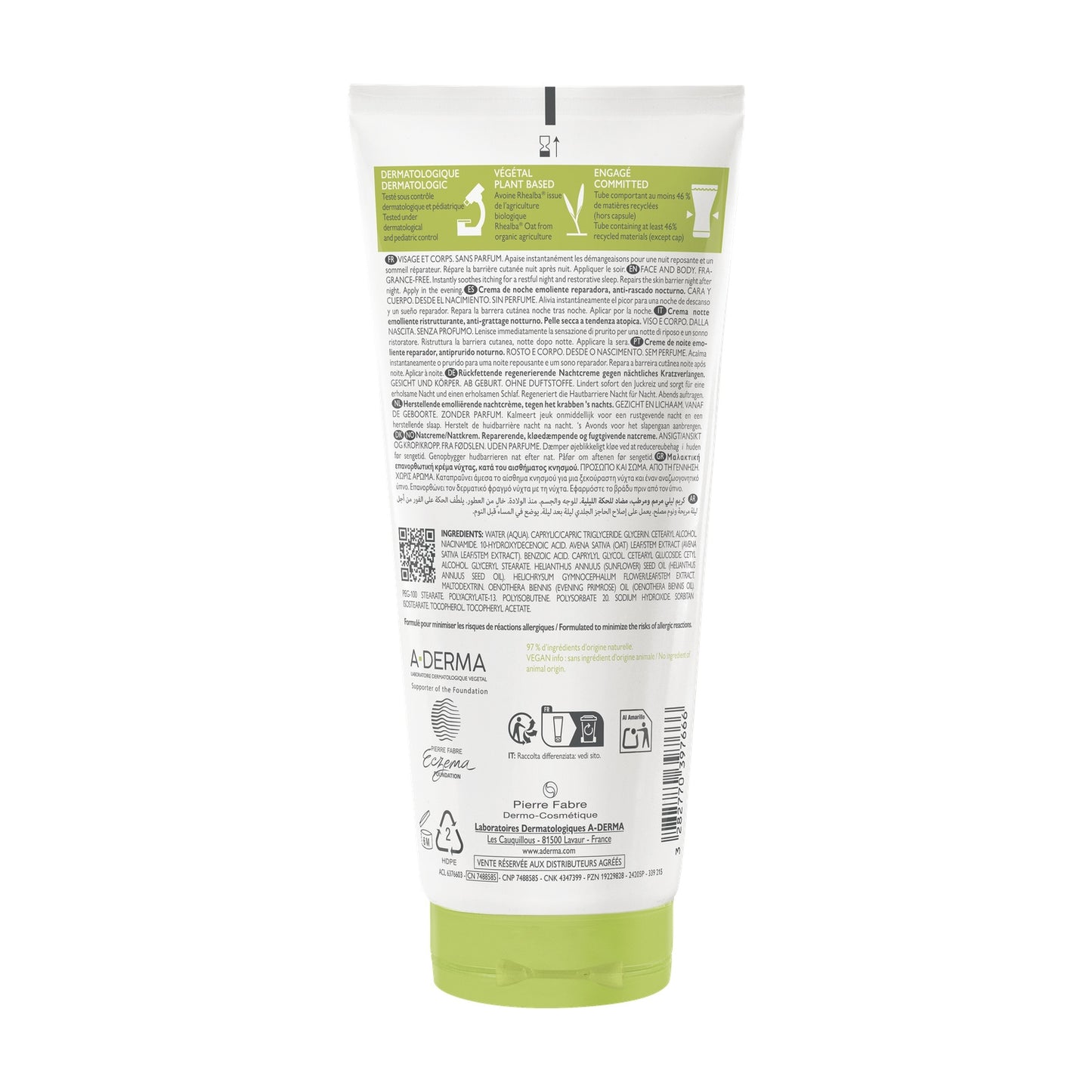 A-DERMA Exomega Control Anti-Itch Repairing Night Cream for Dry Skin with Atopic Prone Skin