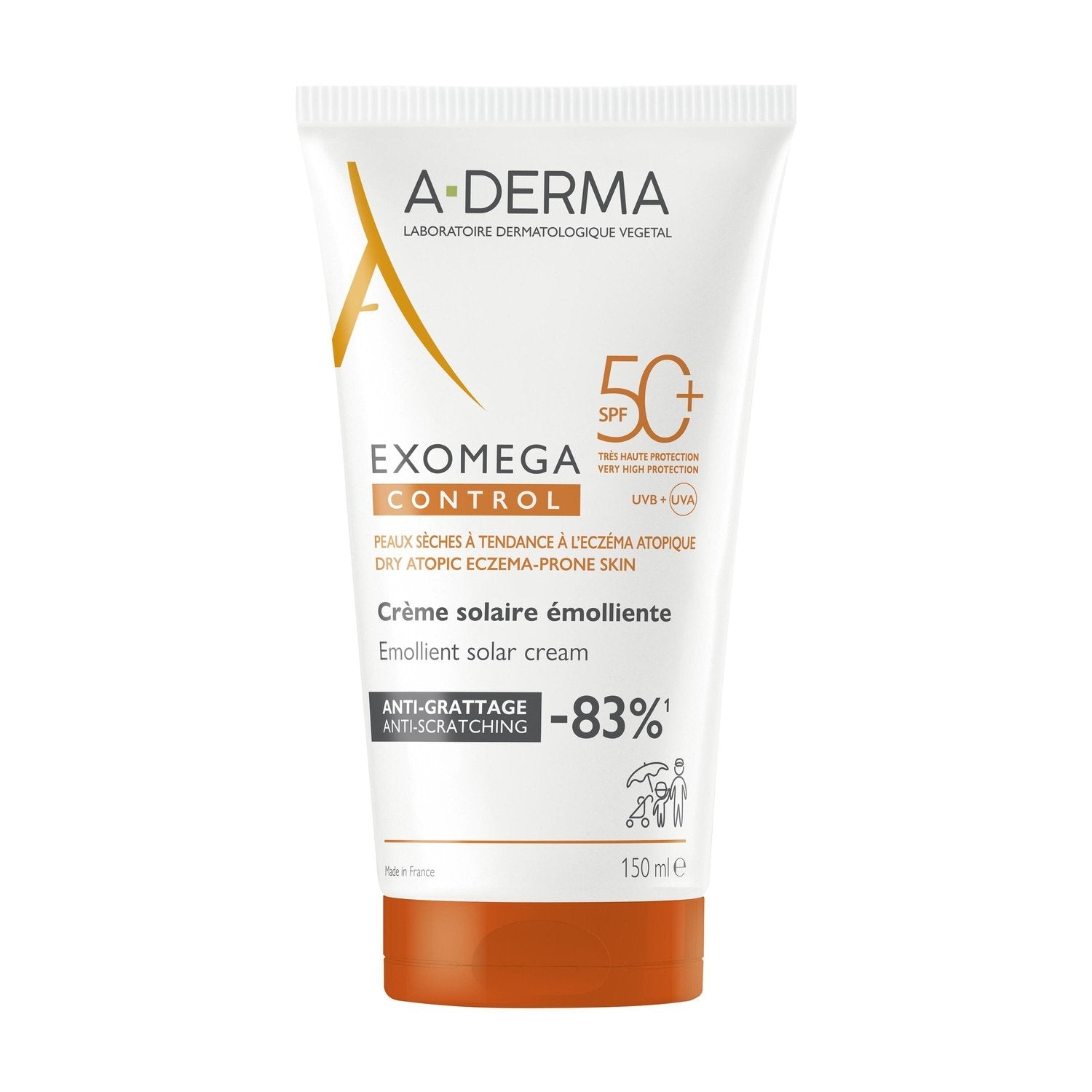Crème Solaire Émolliente Spf 50+ Antiggrattage A-DERMA le tube de 150mL