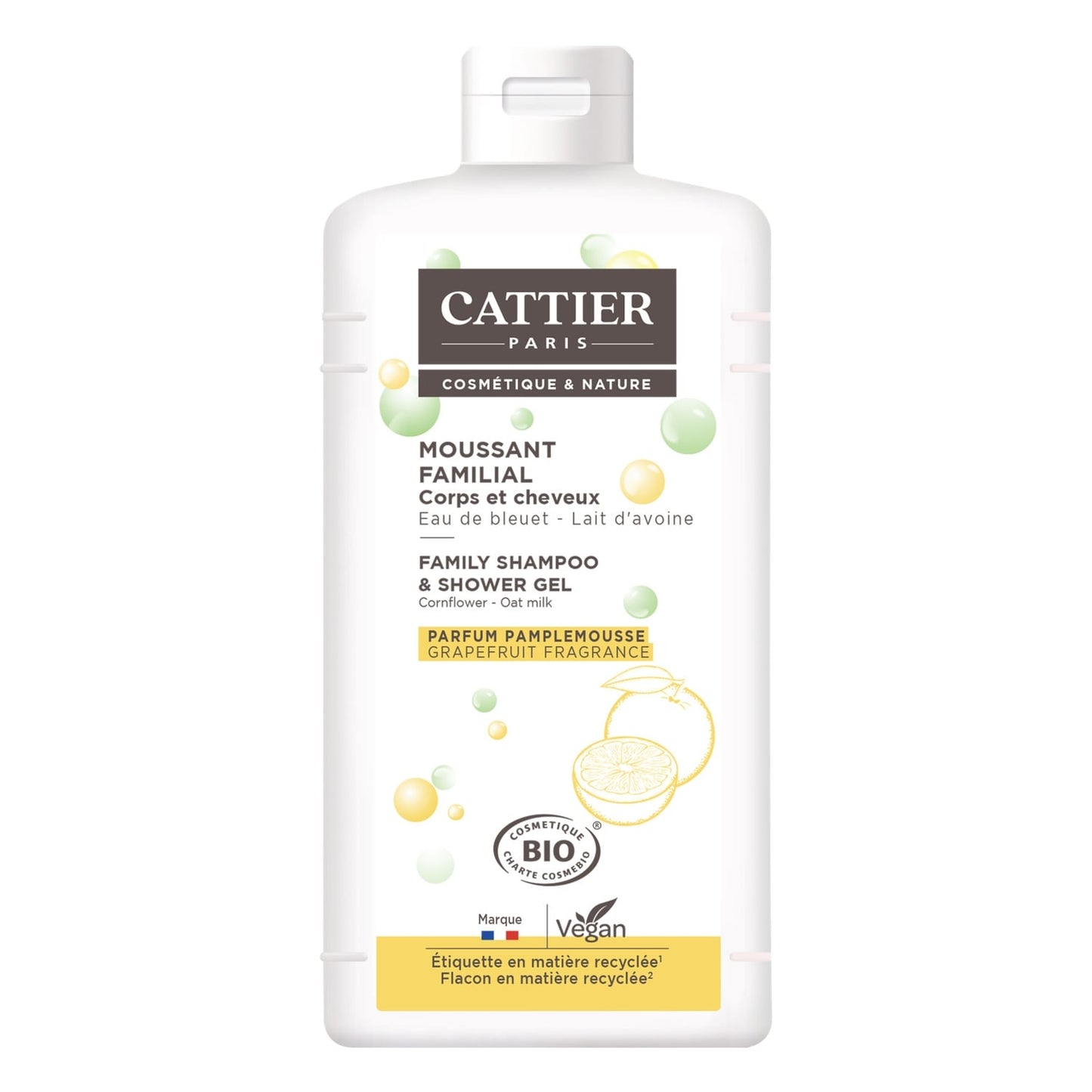 Gel douche Corps Cheveux Familial à l'Eau de Bleuet et Lait d'Avoine Bio CATTIER 