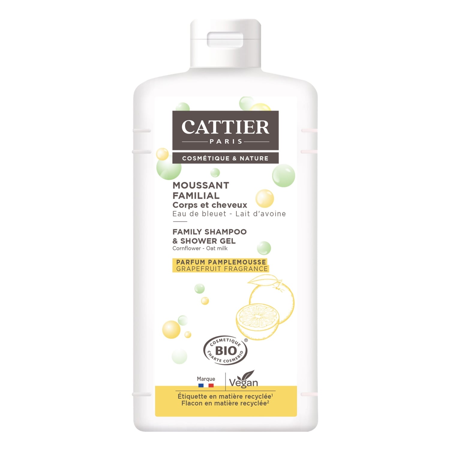 Gel douche Corps Cheveux Familial à l'Eau de Bleuet et Lait d'Avoine Bio CATTIER 