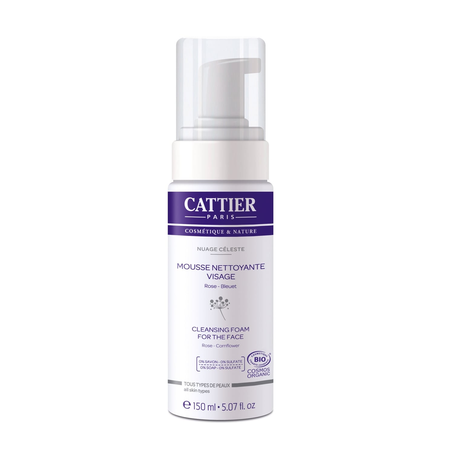 Mousse Visage Peau Délicate Nettoyante Purifiante Adoucissante Protéines de Blé Eaux Florales de Rose et Bleuet Bio CATTIER 