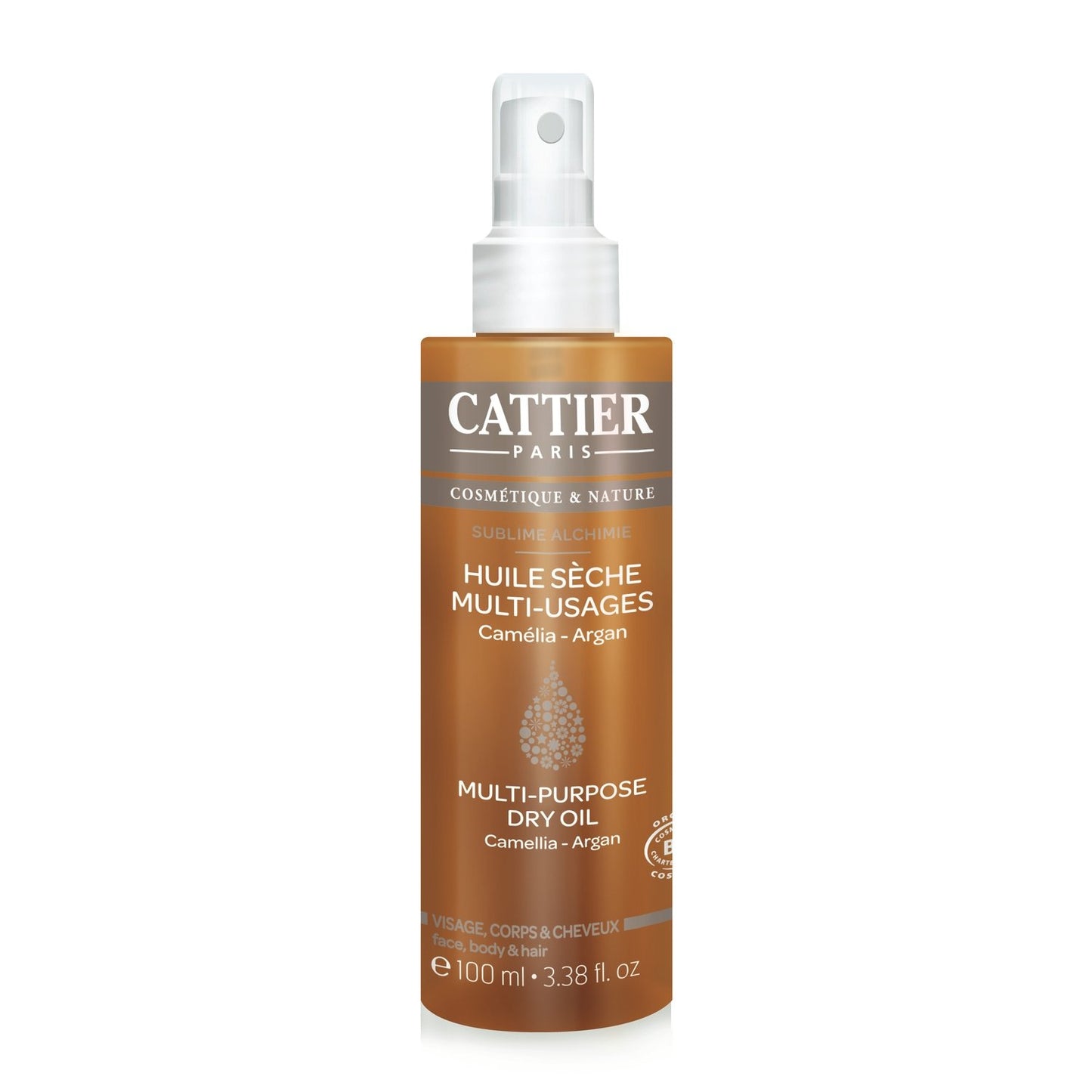 Huile Sèche Multi-Usages Hydratante et Sublimatrice Camélia Argan Jojoba Bio CATTIER le flacon de 100mL