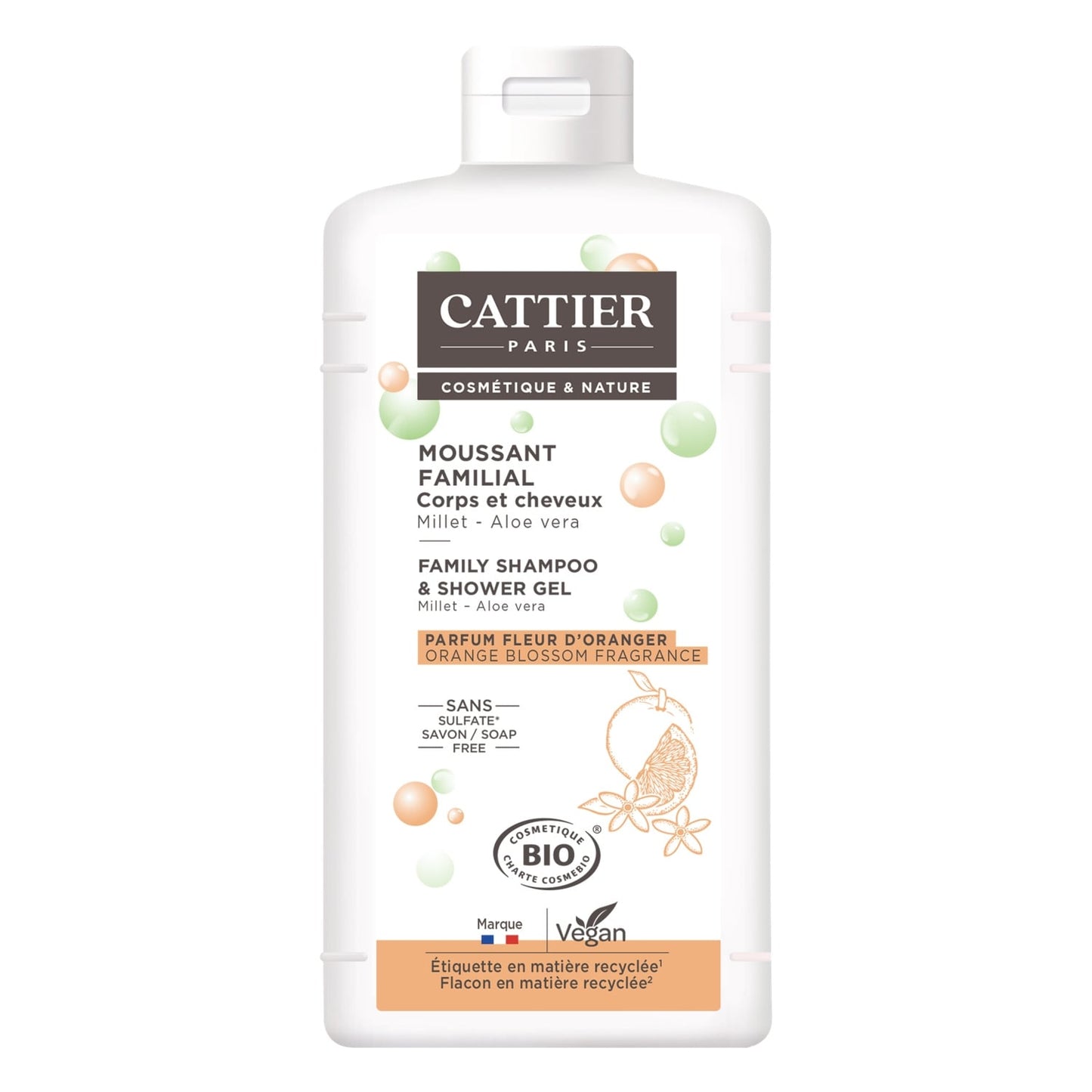 Gel douche Corps Cheveux Familial Aloe Vera et Millet Sans Savon Sans Sulfates Bio CATTIER 