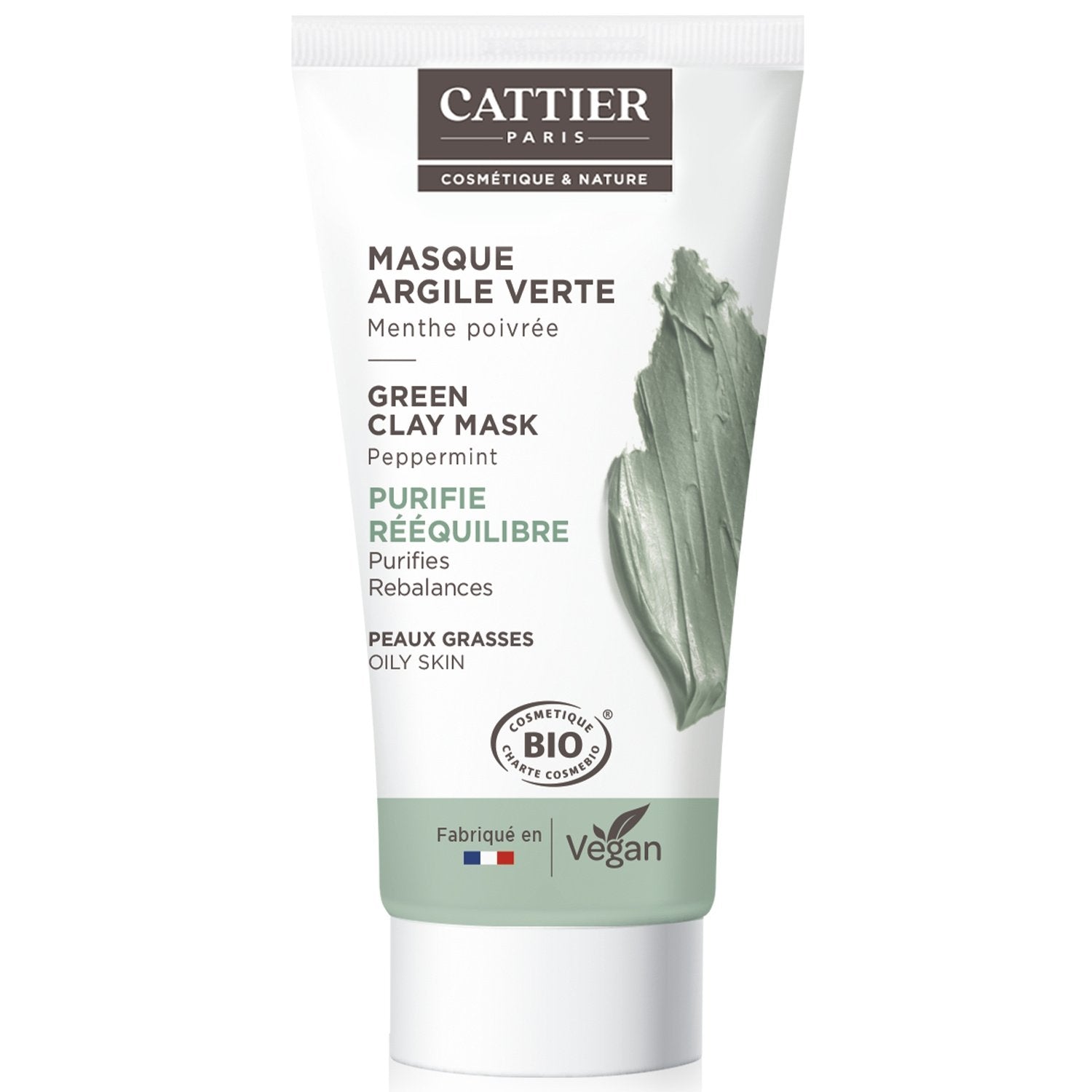 Masque Visage Peau Mixte à Grasse Purifiant Reminéralisant Argile Verte et Blanche Menthe Poivrée Bio CATTIER le tube de 30mL