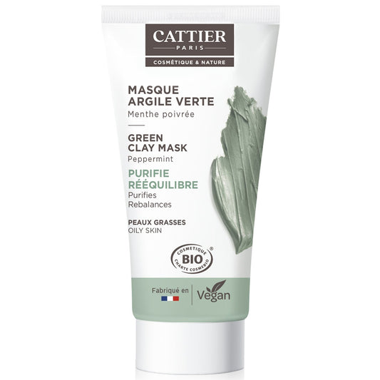 Masque Visage Peau Mixte à Grasse Purifiant Reminéralisant Argile Verte et Blanche Menthe Poivrée Bio CATTIER le tube de 30mL