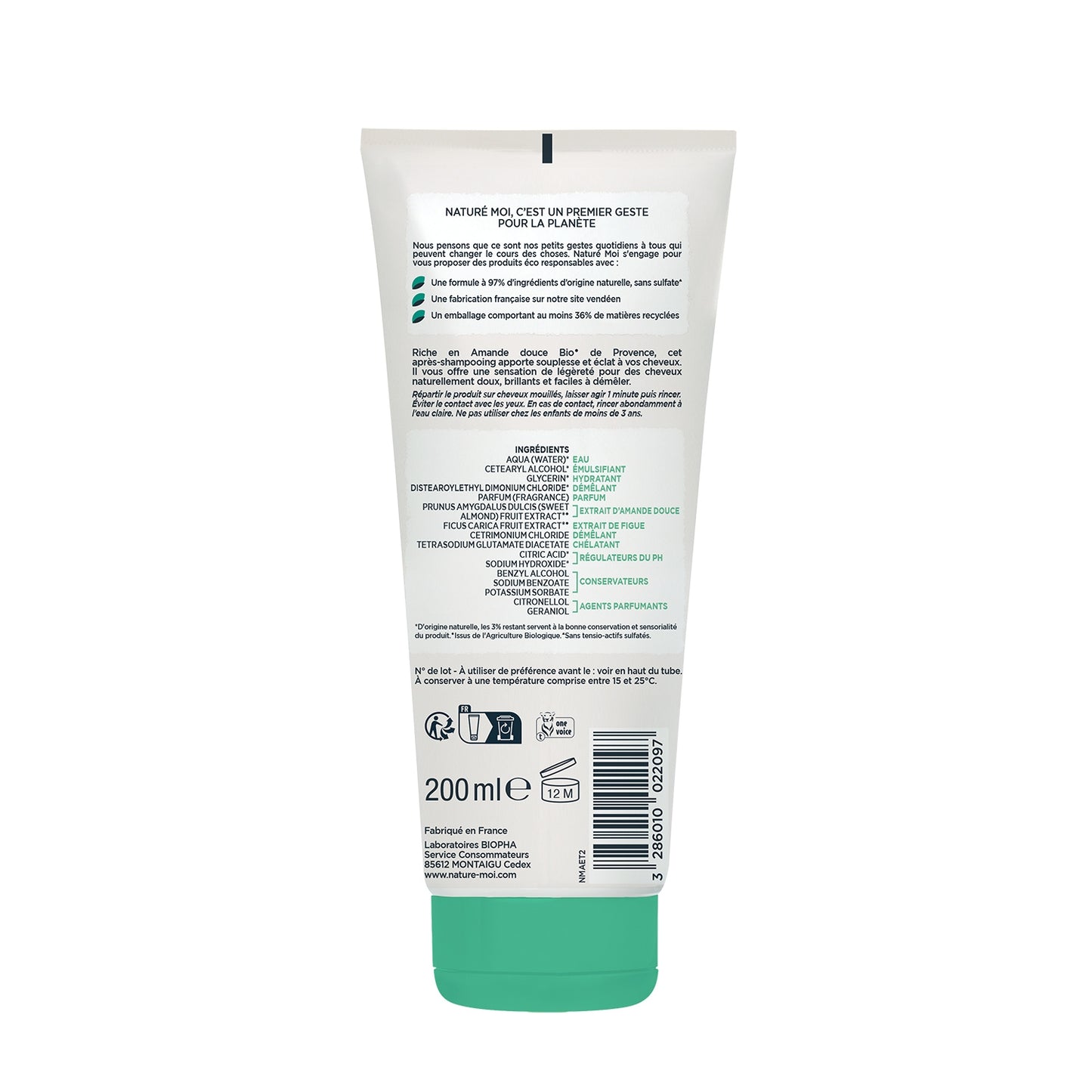 Après-Shampoing Démêlant Hydratant pour Cheveux normaux Extrait d'Amande Douce Bio de Provence NATURE MOI 