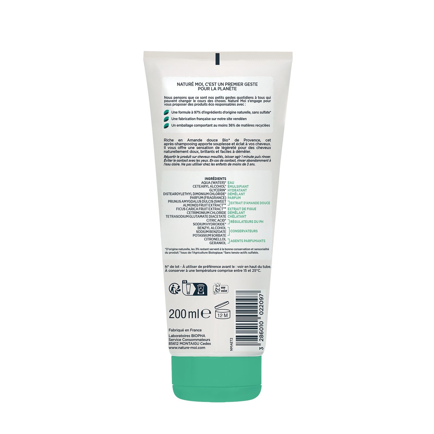 Après-Shampoing Démêlant Hydratant pour Cheveux normaux Extrait d'Amande Douce Bio de Provence NATURE MOI 