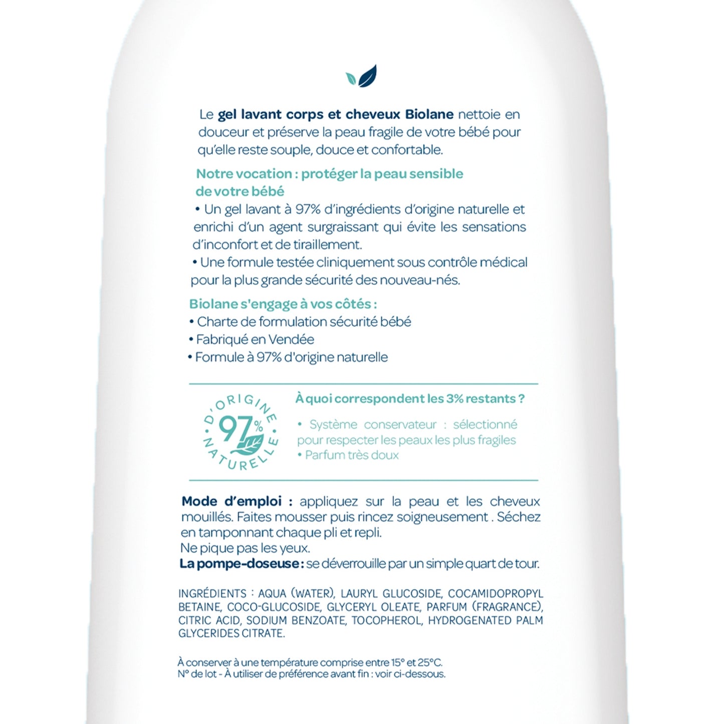 Gel Douche Bébé Corps et Cheveux 2 en 1 Doux Peaux Sensibles BIOLANE