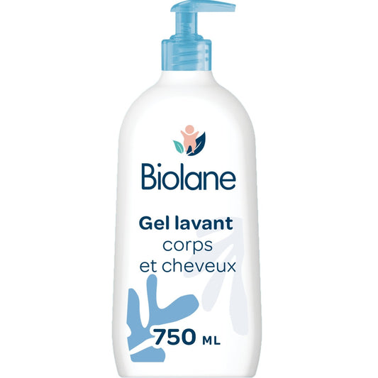 Gel Douche Bébé Corps et Cheveux 2 en 1 Doux Peaux Sensibles BIOLANE le flacon pompe de 750mL